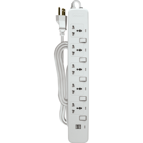 Royu REDEC725 5 Gang Individual Switches and 2 USB Ports 2M Power Extension Cords OfficeWorks.ph